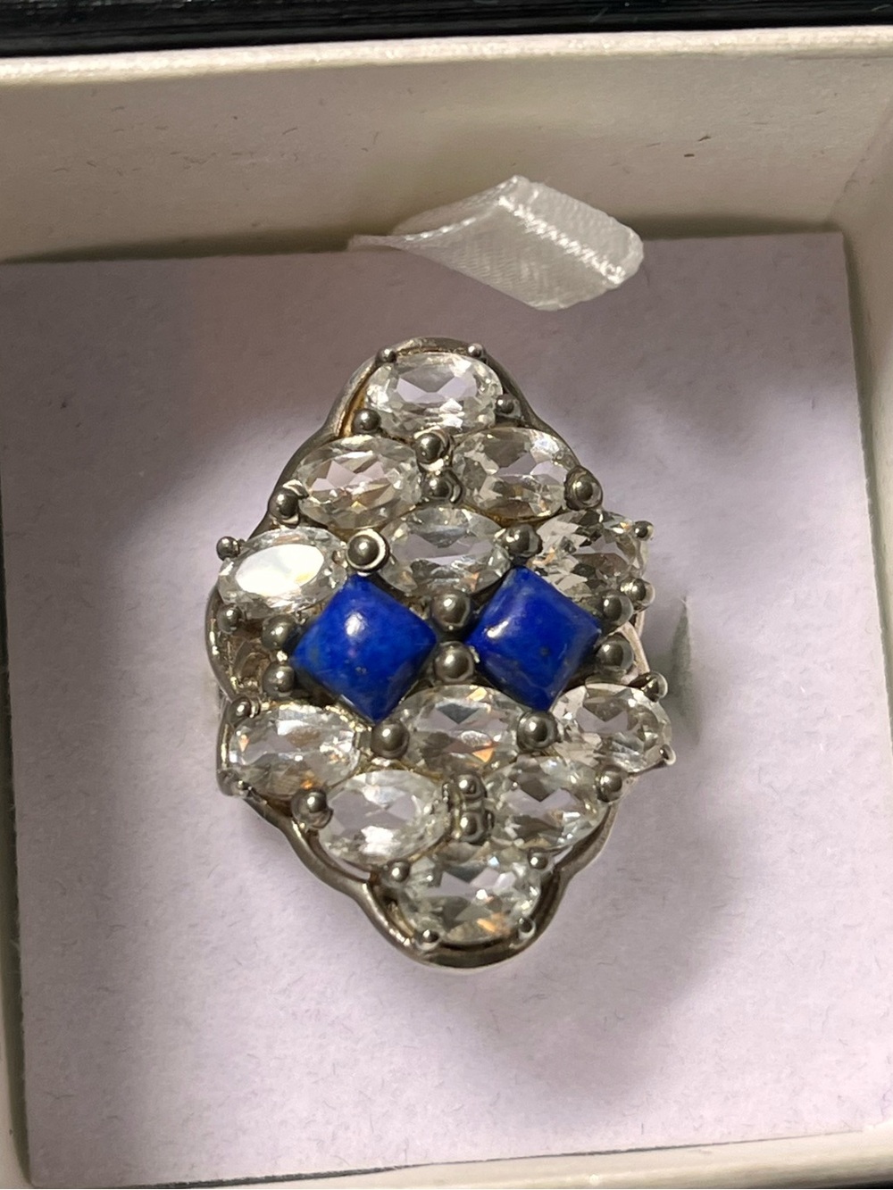 Sterling-Style Silver Ring with Lapis-Blue Accents
Size 7